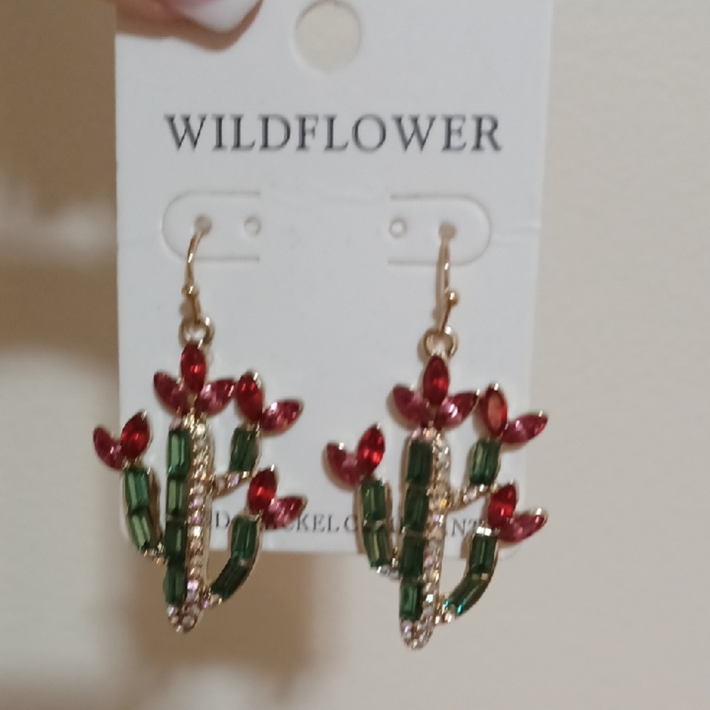 Wildflower Cactus Earrings with Red and Green Gems